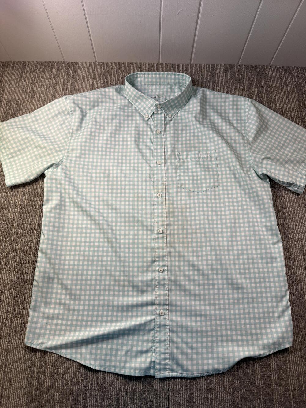 Huk Shirt Mens XL Green Check Short Sleeve Button Up Fishing Outdoor Casual